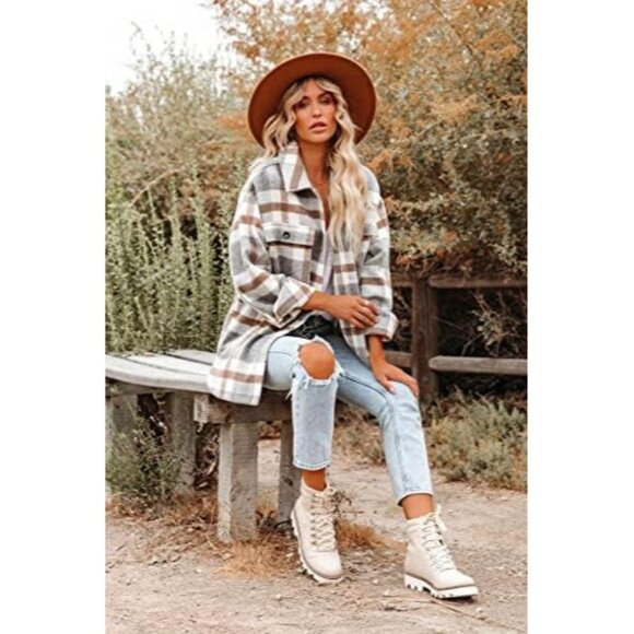 Women's Flannel Shacket Button Down Plaid Long Sleeve Jacket Casual Cozy - Picture 4 of 4